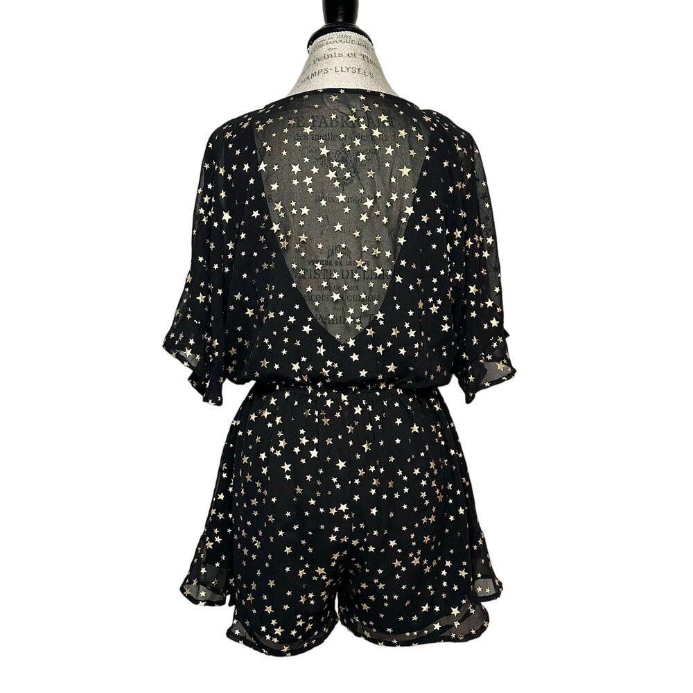 If By Sea Los Angeles | Women | Black Ruffle Gold Star Print Romper | Medium - Picture 3 of 14